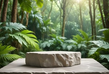 Stone tabletop podium floor in outdoors tropical garden forest blurred green leaf plant nature background.Natural product placement pedestal stand display,jungle paradise concept.