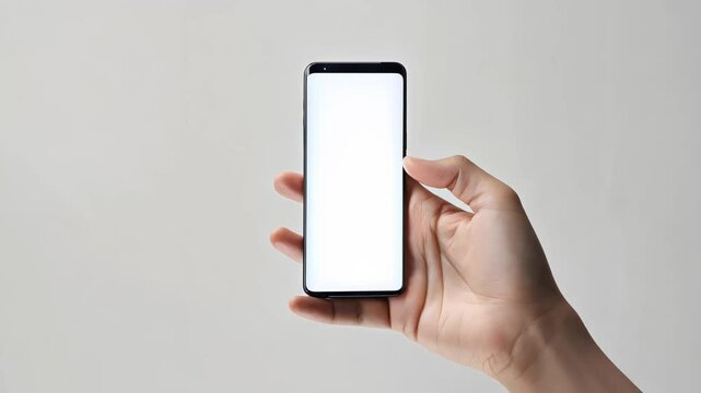 POV hand holding smartphone with blank white screen, isolated on light minimalist background