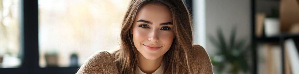 Fototapeta premium Confident and Beautiful Businesswoman Smiling at Camera in Modern Office: Professional Portrait for Corporate Marketing, Website Templates, and Promotional Campaigns. Elegant Composition with Copy Spa