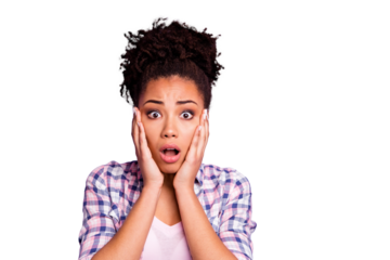 Close up photo disappointed frightened lady impressed astonished by unbelievable unexpected event have fear anxious confused  open mouth top-knot dressed modern clothing isolated purple background