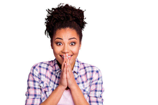 Close up photo of content funny funky millennial make religion gesture spiritual plead want wait expect inspired candid she wear plaid outfit top-knot isolated on purple background