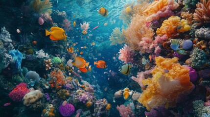 Naklejka premium A detailed view of a vibrant coral reef teeming with various species of fish, captured from a top-down perspective showing the dynamic movement.