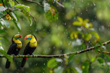 Two vibrant birds sitting on a branch amidst raindrops