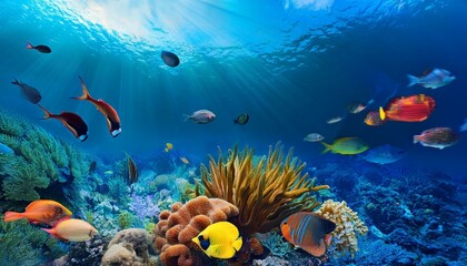 Underwater with colorful sea life fishes and plant at seabed background