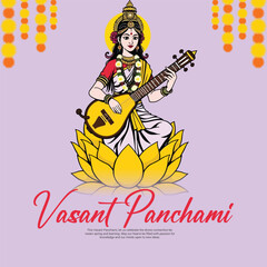 Happy vasant panchami with goddess saraswati social media post banner template