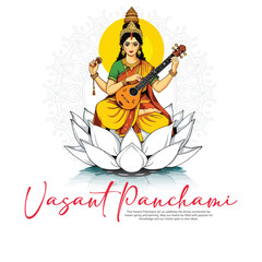 Happy vasant panchami with goddess saraswati social media post banner template