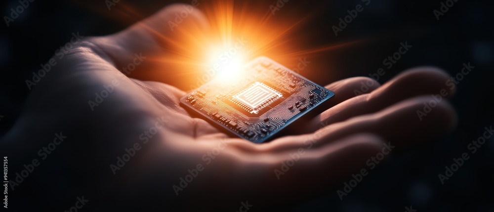 Poster a glowing microchip held in a hand, symbolizing advanced technology and innovation in electronics an