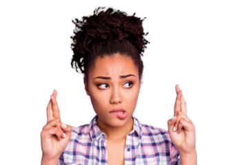 Close up photo of anxious beautiful college lady expect test result want high mark learning concept feel sad negative unhappy wear trendy stylish checked shirt top-knot isolated on purple background