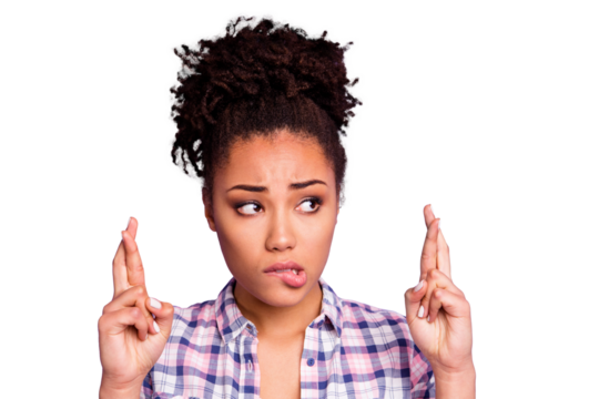 Close up photo of anxious beautiful college lady expect test result want high mark learning concept feel sad negative unhappy wear trendy stylish checked shirt top-knot isolated on purple background