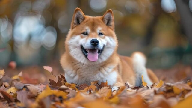 video of cute happy little Akita dog on the autumn leaves background