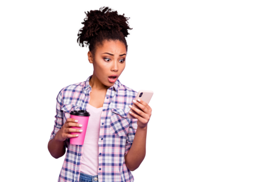 Portrait scared beautiful student afraid impressed astonished horrible information read use device rest relax weekend smm hold hand mug beverage trendy stylish plaid shirts isolated purple background