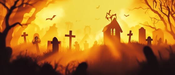 Fototapeta premium A haunting sunset over a graveyard, featuring silhouettes of crosses, a spooky house, and flying bats, creating an eerie atmosphere.