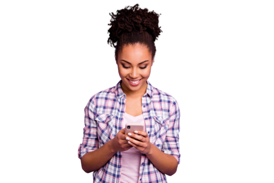 Portrait focused interested satisfied youth use modern technology blog blogger check social network account check read news beautiful plaid shirt stylish beautiful top-knot isolated purple background