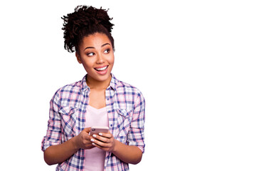 Portrait cute interested inspired hipster smm use device search information read blog blogger...