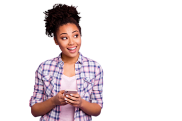 Portrait cute interested inspired hipster smm use device search information read blog blogger chatting contemplate thoughts beautiful checkered stylish trendy shirt top-knot isolated purple background