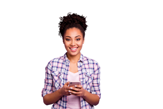 Portrait of satisfied cute pretty youngster hold hand use modern technology get sms messages texting typing chatting communication true user wear checkered shirts isolated on purple background - Powered by Adobe