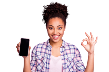 Close up photo positive cheerful lady student beautiful top-knot hold hand modern technology advise decision excellent choice recommend advertise trendy stylish plaid shirts isolated purple background