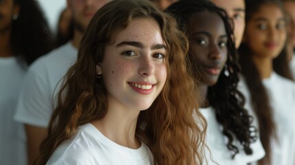 Fototapeta premium Diverse Group of Young Adults in Casual White T-Shirts Smiling Together - Community and Inclusivity Concept. Generative ai