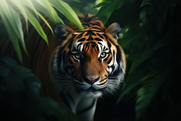 A majestic tiger peers through the dense jungle foliage, showcasing its striking orange coat and intense gaze.