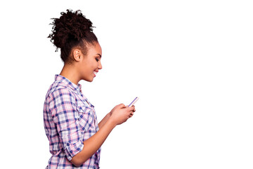 Profile side view photo positive cheerful people blogger blog use user device search news feed true smm communicate conversation checkered shirt free time weekend top-knot isolated purple background