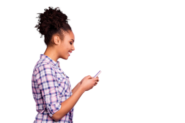 Profile side view photo positive cheerful people blogger blog use user device search news feed true smm communicate conversation checkered shirt free time weekend top-knot isolated purple background