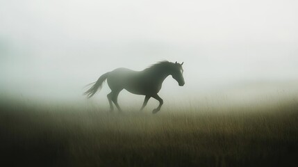 Fototapeta premium A majestic horse running through a misty field, capturing the essence of freedom and tranquility in a serene landscape.