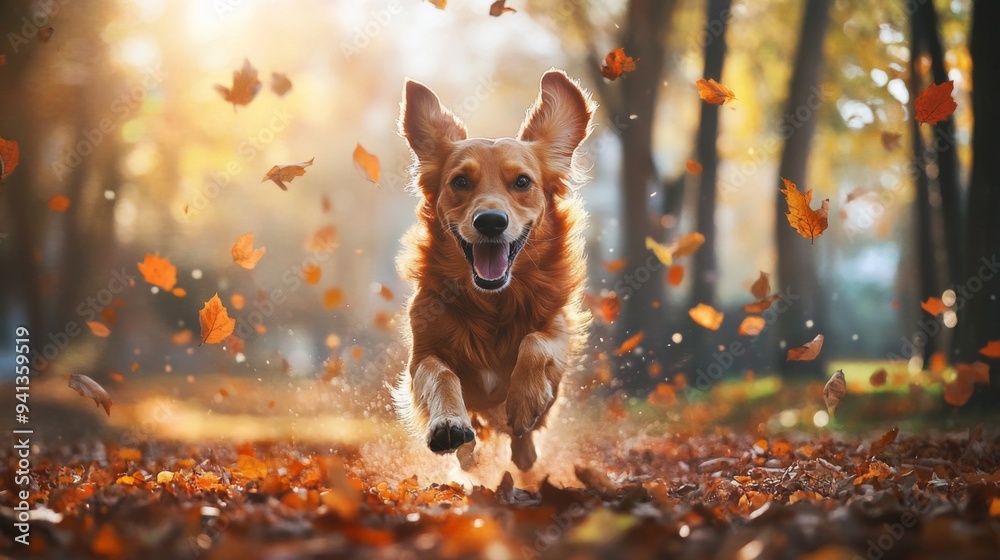 Poster a dog running energetically through an autumn park, with fallen leaves creating a vibrant and dynami