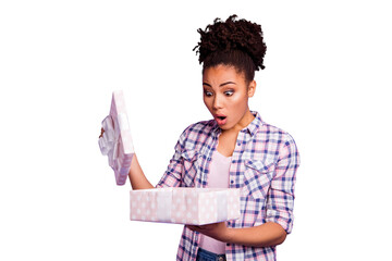 Portrait cute teen teenager get wrong package anniversary 14-february 8-march astonished open mouth...