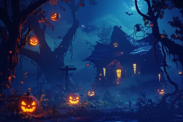 Scary Halloween landscape. Dark forest at night with a haunted house and spooky pumpkins. Halloween season, lonely house or castle, horror concept. Bats in the sky at full moon.