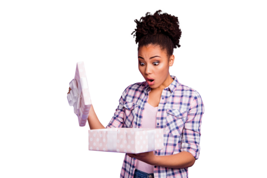 Portrait cute teen teenager get wrong package anniversary 14-february 8-march astonished open mouth wow unbelievable unexpected hold hand dressed plaid spring outfit isolated on purple background