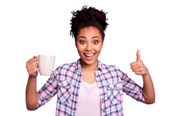 Close up photo nice youth lady advice decide choose perfect beverage mug rejoice content advertising concept feedback select plaid shirt trendy stylish beautiful top-knot isolated purple background