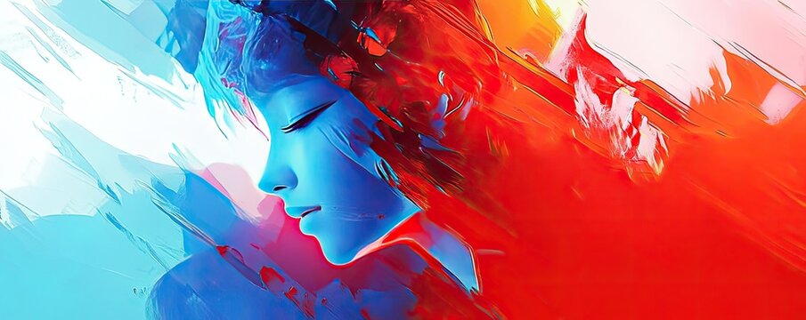 A vibrant digital artwork depicting a serene face surrounded by dynamic colors and abstract shapes, conveying emotion and creativity.