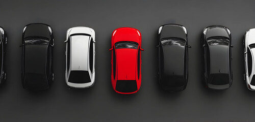 Top-down view of a red car driving alone, surrounded by parked silver and gray cars, highlighting individuality and motion in a structured setting.