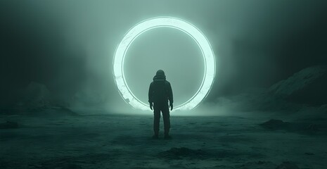 Lone figure stands before a glowing circular portal in a foggy, desolate landscape, symbolizing exploration and the allure of the unknown.


