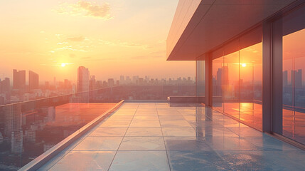 Fototapeta premium Modern rooftop terrace with glass railings overlooking a city skyline at sunset