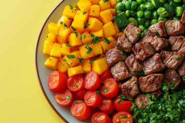A plate divided into portions for carbs, protein, and vegetables, isolated on a pastel yellow background, representing balanced meals,