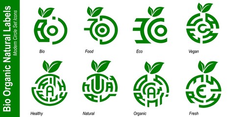 Modern Circle Logo Bio Natural Organic Labels icons Set. Bio Healthy foods illustration background.