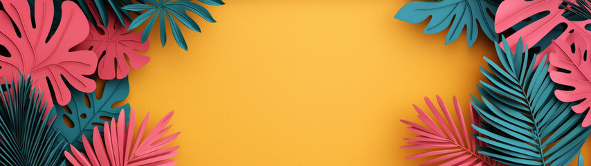 Fototapeta premium Colorful tropical leaves frame bright yellow background, creating vibrant and cheerful atmosphere. Perfect for summer themes or nature inspired designs.