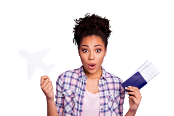 Portrait astonished cute lady impressed unbelievable unexpected news hold hand paper plane free time open mouth wow wonder beautiful top-knot isolated wear stylish checked shirt purple background