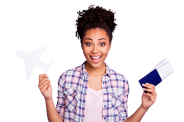 Portrait of funky funny cute lady enjoy free time hold hand paper plane want go tour excursion feel content positive dressed plaid stylish beautiful shirt isolated on purple background