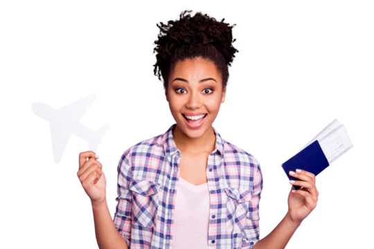 Portrait of funky funny cute lady enjoy free time hold hand paper plane want go tour excursion feel content positive dressed plaid stylish beautiful shirt isolated on purple background