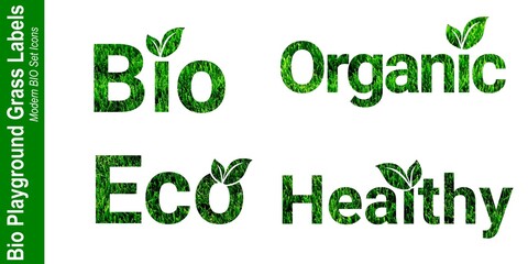 Fototapeta premium Modern Bio Natural Organic Playground grass design Labels icons Set. Bio Healthy foods illustration background. 