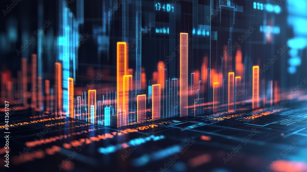 Aufkleber A dynamic 3D bar chart with glowing bars and data labels, emphasizing different segments of financial information in a digital interface.