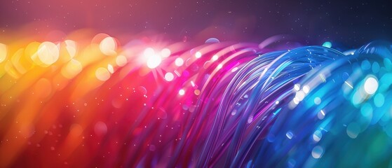 Optic cables in vibrant rainbow colors, glowing bokeh lights. Free copy space for text.