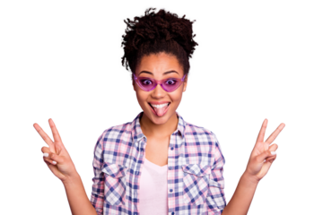 Portrait carefree careless foolish student grimace crazy top-knot bun rest free time weekend holidays relax make faces v-signs beautiful stylish trendy checked shirt plaid isolated purple background