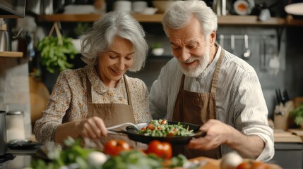Senior couple joins virtual cooking class Learn new recipes and skills. From the comfort of your kitchen with digital tools.