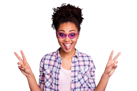 Portrait carefree careless foolish student grimace crazy top-knot bun rest free time weekend holidays relax make faces v-signs beautiful stylish trendy checked shirt plaid isolated purple background