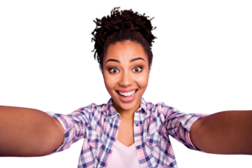 Close up photo of funny cute lady enjoy satisfied candid rejoice make photos summer travel trip have free time holidays weekends wear plaid modern fashionable outfit isolated on purple background