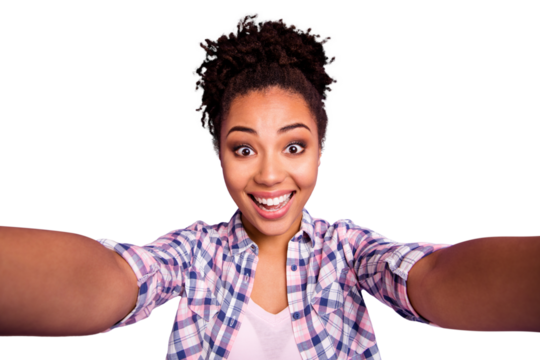 Close up photo of funny cute lady enjoy satisfied candid rejoice make photos summer travel trip have free time holidays weekends wear plaid modern fashionable outfit isolated on purple background