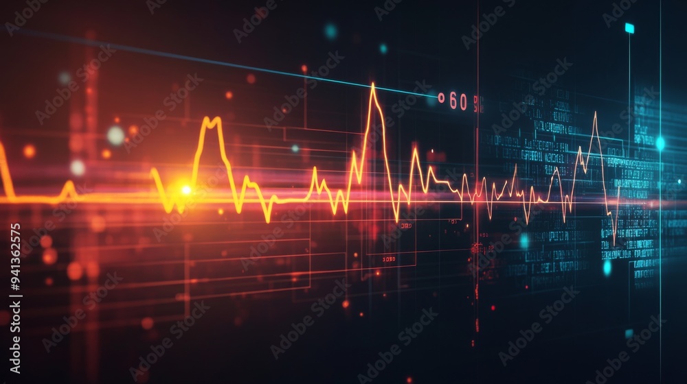 Poster a dynamic, glowing ecg line on a black background, with digital numbers indicating a heartbeat rate 